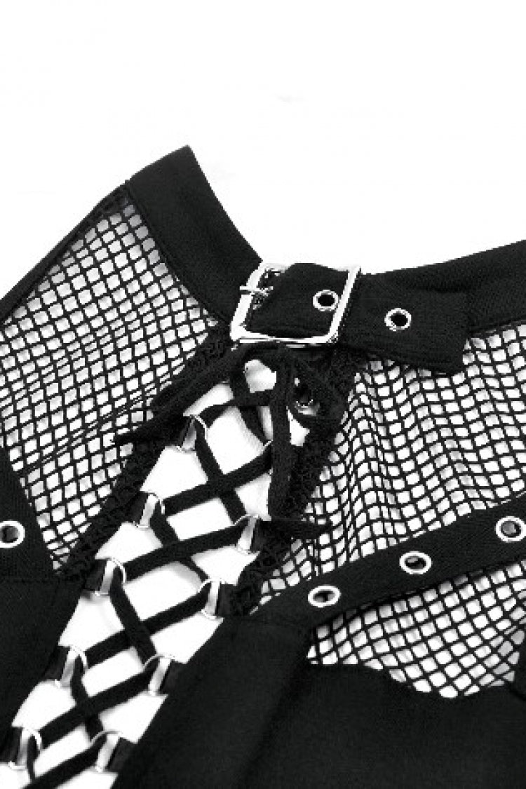 Black Women's Punk Halter Cut-Out Lace-Up Eyelet Strap Mesh Splice Tank Top - Product - 12