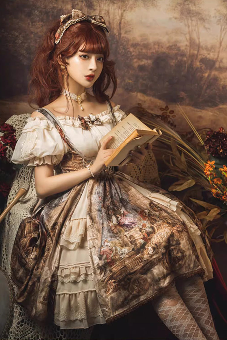 Brown [Cloria] Oil Painting Print Bowknot Lace Sweet Elegant Palace Lolita Jsk Dress - Product - 4
