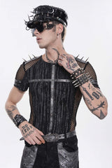 Black Round Collar Long Sleeves Spliced Slim Mesh Studded Eyelet Men's Punk T-Shirt - Product - 12