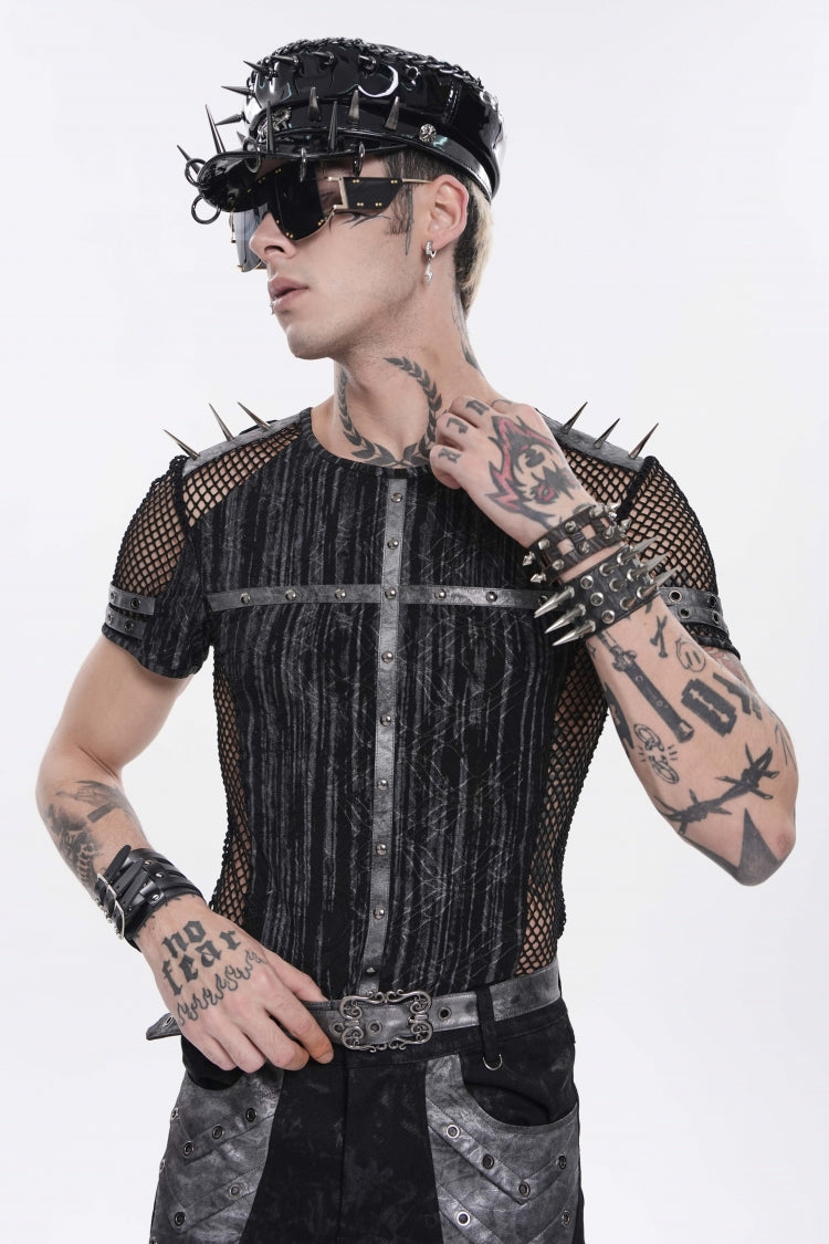 Black Round Collar Long Sleeves Spliced Slim Mesh Studded Eyelet Men's Punk T-Shirt - Product - 12