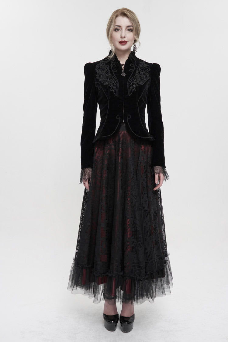 Black Stand Collar Velvet Appliqu On Chest Pendant Zipper Autumn And Winter Short Long Sleeve Women's Gothic Jacket - Product - 2