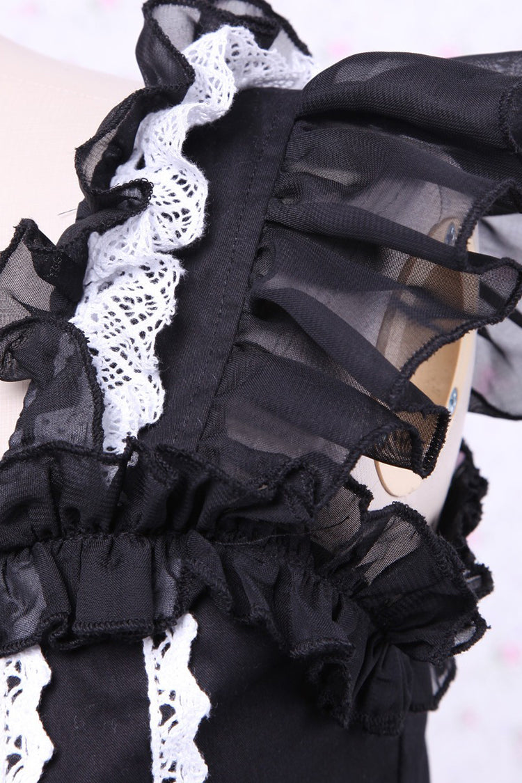 Black/White Cap Sleeves Ruffled Bowknot Lace Trim Gothic Lolita Dress - Product - 5