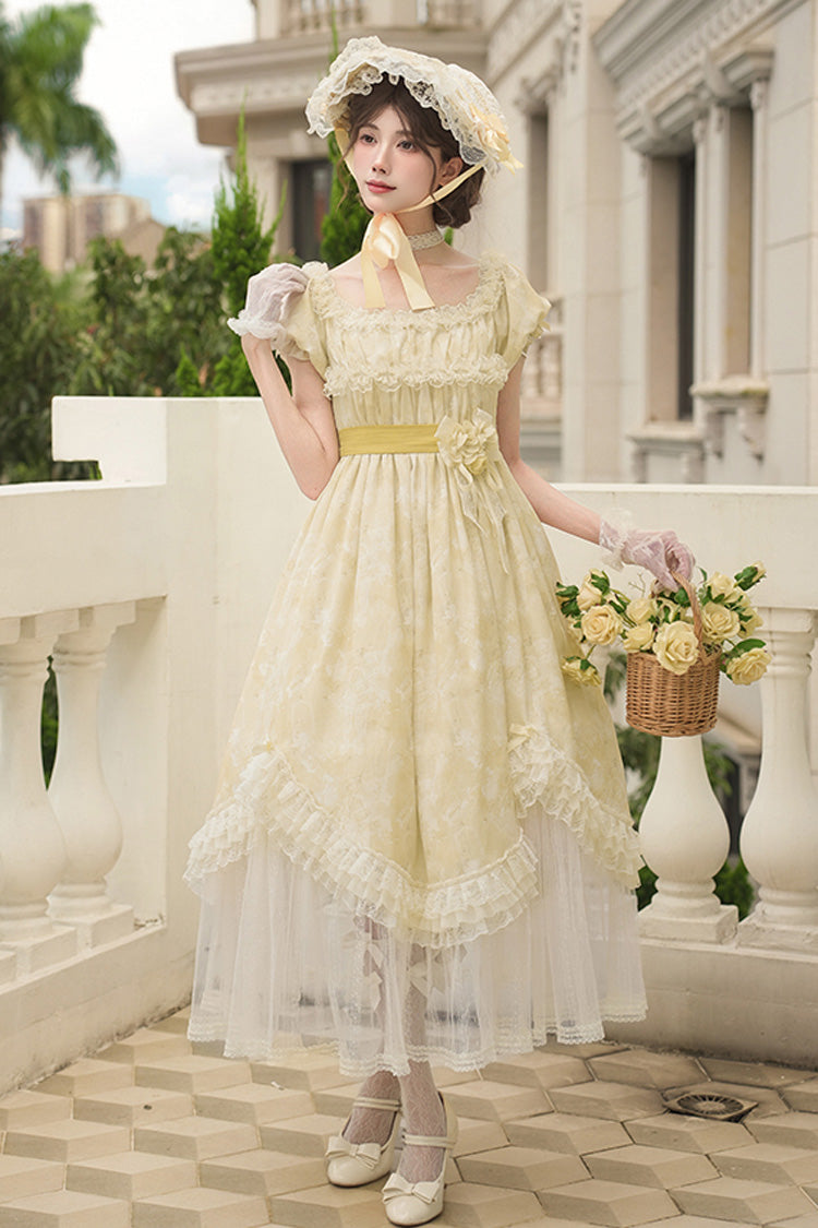 Yellow [Falling Flowers as a Message] Square Collar Short Sleeves Print Ruffle Lace Sweet Elegant Lolita Long Dress - Yellow - 1