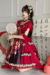 Round Collar Ruffled Short Sleeves Elegant Print High Waist Classic Lolita Dress - Product - 5