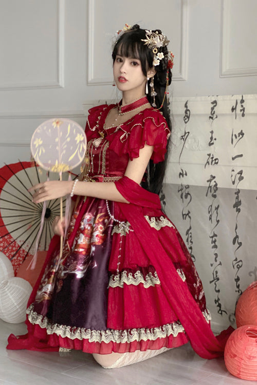 Round Collar Ruffled Short Sleeves Elegant Print High Waist Classic Lolita Dress - Product - 5