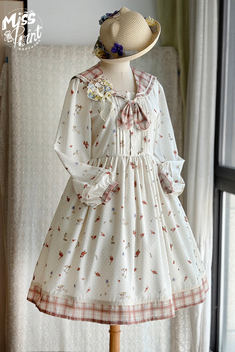 Ivory Sailor Collar Print Ruffle Bowknot Sweet Elegant Lolita Dress - Product - 6