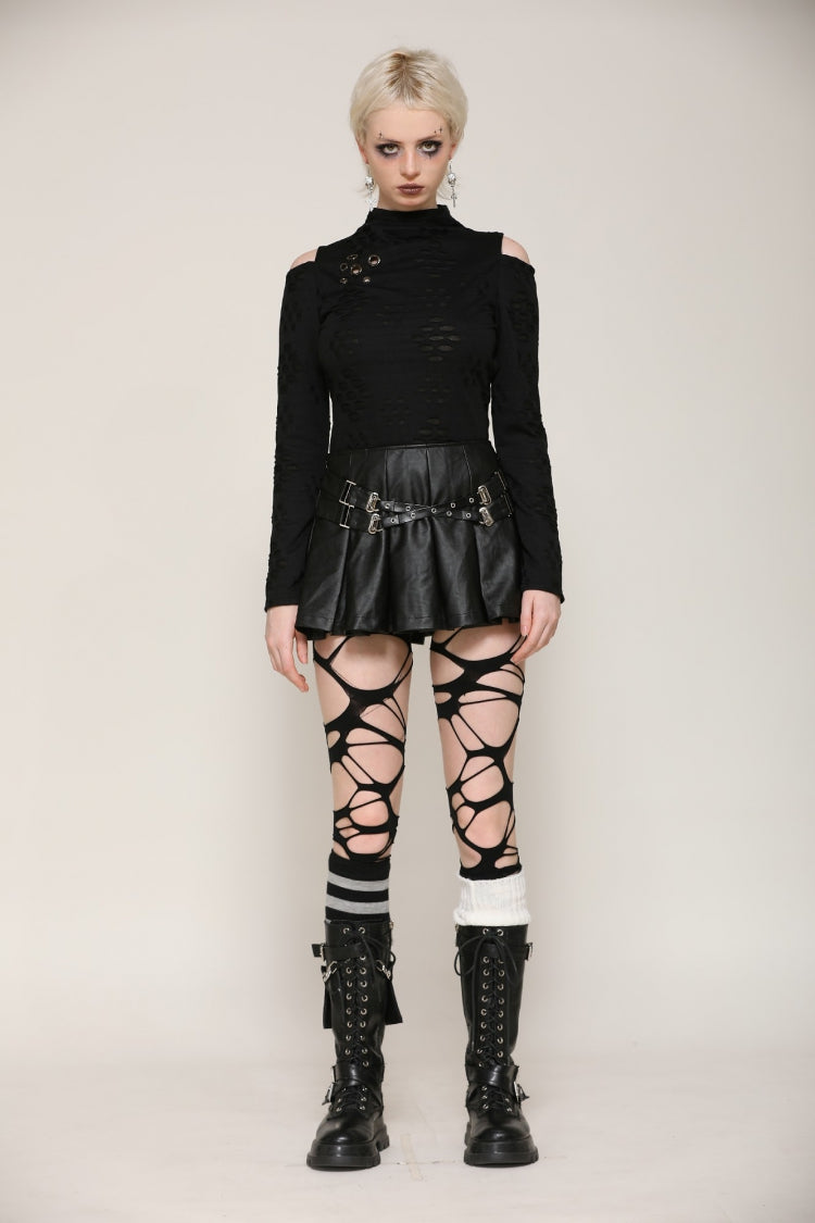 Black Long Sleeves Cut-Out Ripped Zippered Eyelets Women's Punk Distressed Top - Product - 6