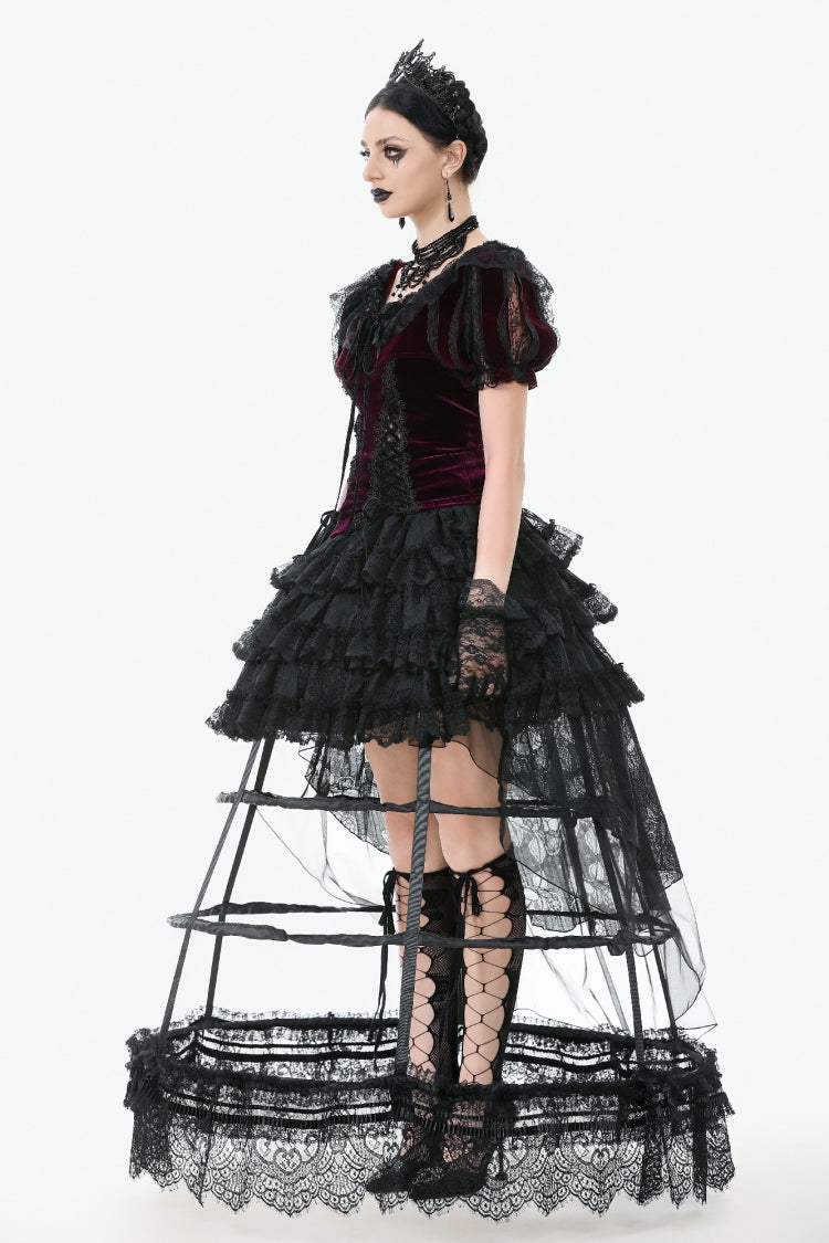 Black Ruffled Doll Collar Short Puff Sleeves Lace-Up Women's Gothic Princess Velvet Cape - Product - 11