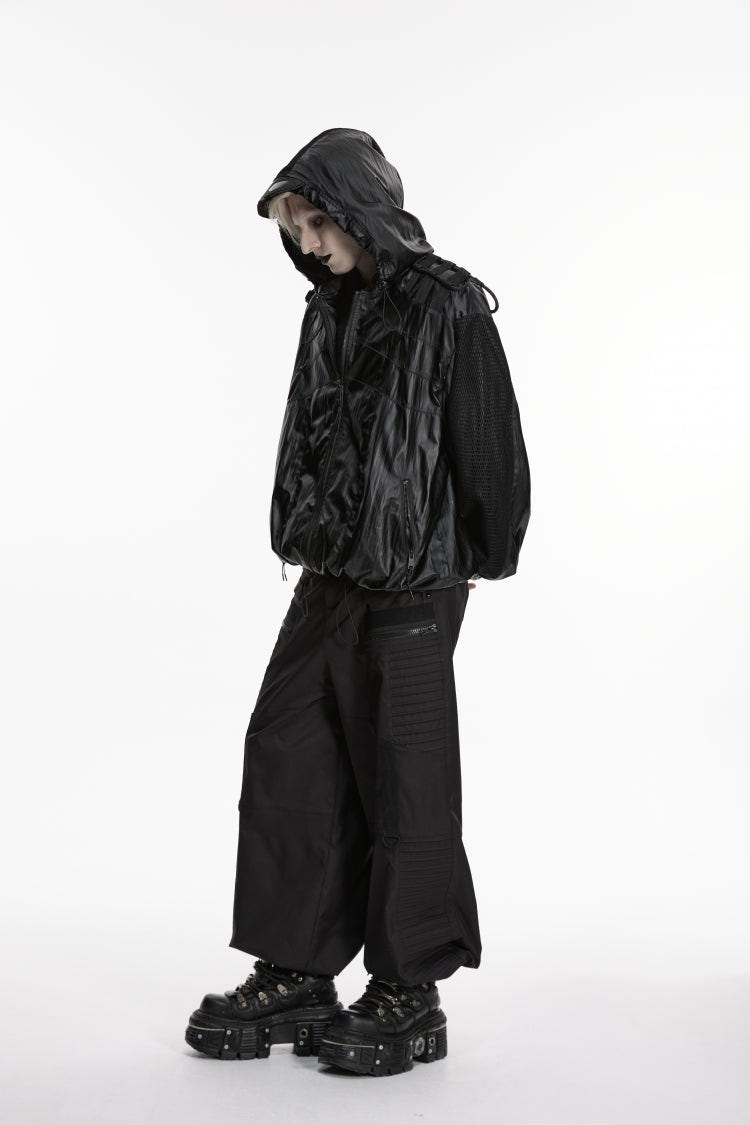 Black Lapel Collar Long Lantern Sleeves Lace-Up Hooded Mesh Zippered Men's  Punk Cool Jacket - Product - 5