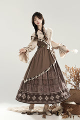 Brown [Mysterious Tribe] Long Lantern Sleeves Print Ruffle Asymmetric Sweet Chinese Style Lolita Dress - Brown - 1