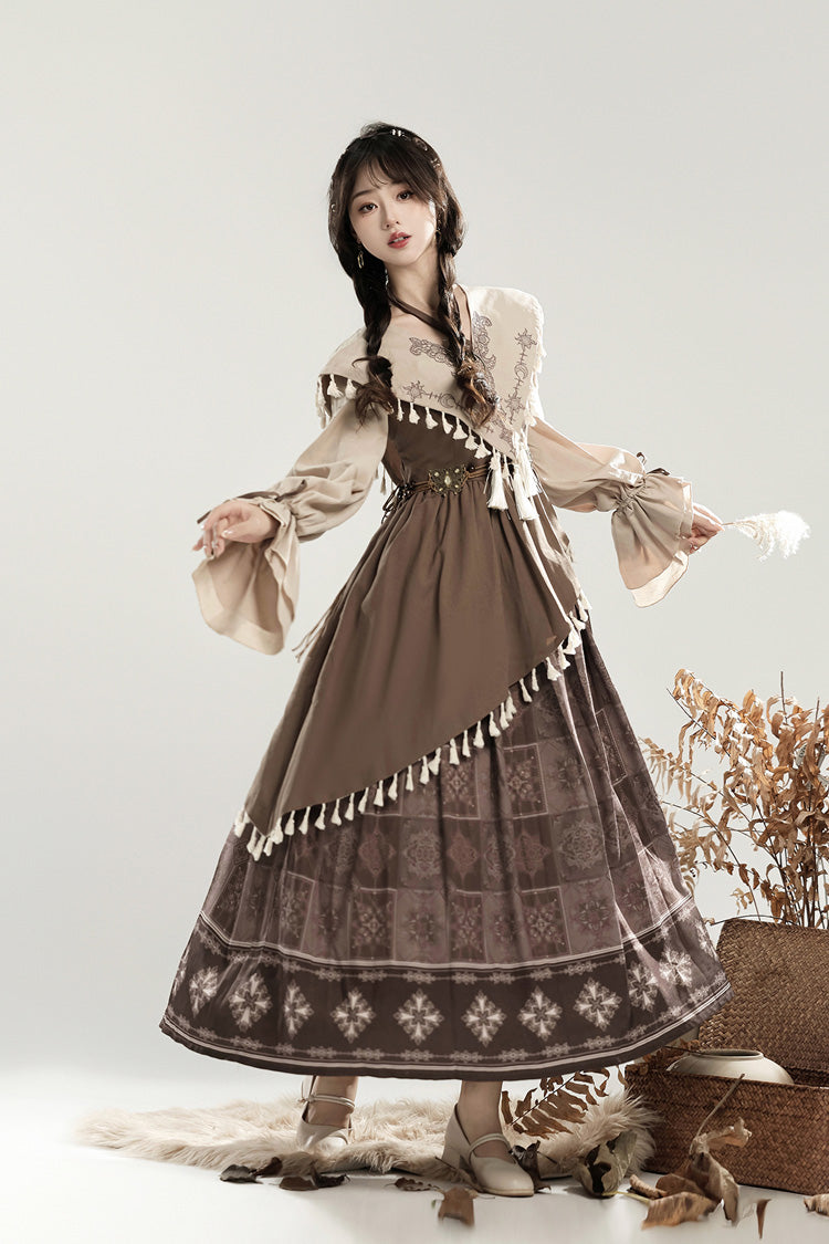 Brown [Mysterious Tribe] Long Lantern Sleeves Print Ruffle Asymmetric Sweet Chinese Style Lolita Dress - Brown - 1