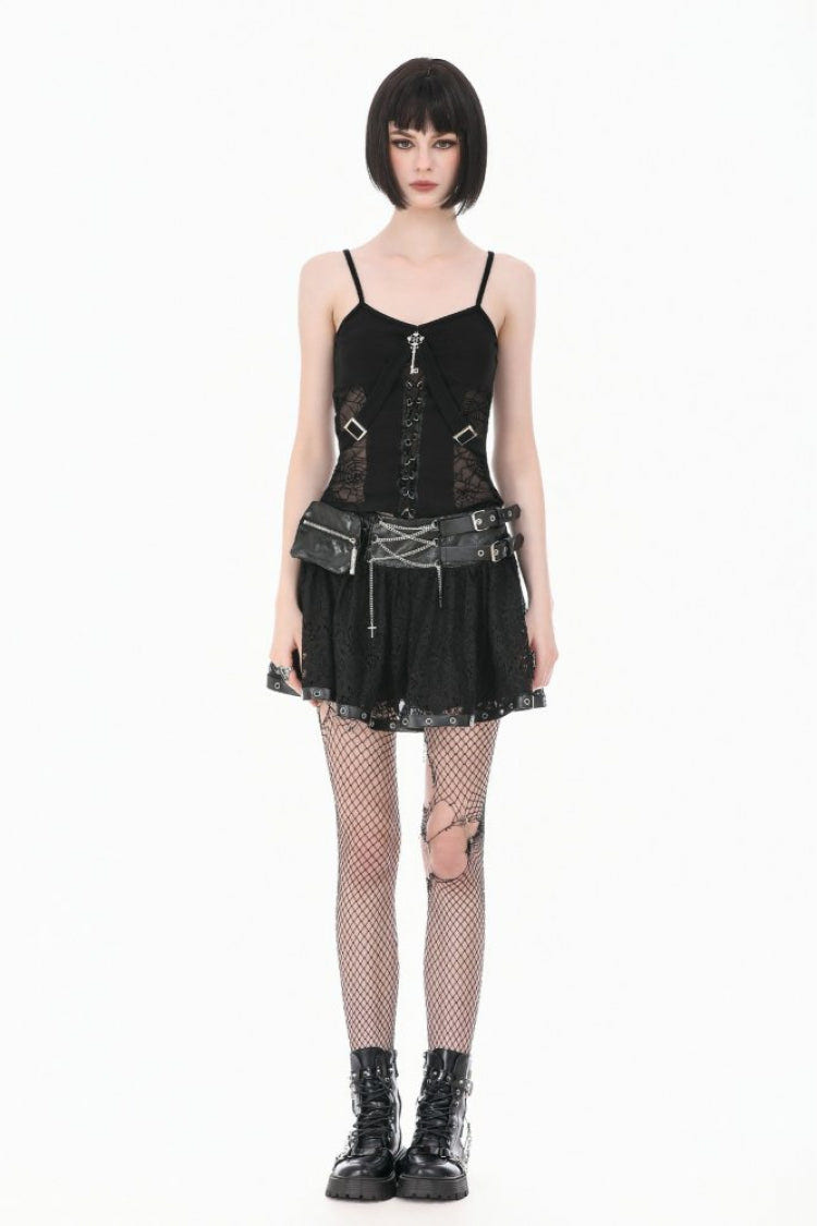 Black Chain-Decorated Eyelet Buckled Straps Lace Women's Gothic Mini Skirt - Product - 7