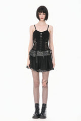 Black Chain-Decorated Eyelet Buckled Straps Lace Women's Gothic Mini Skirt - Product - 7