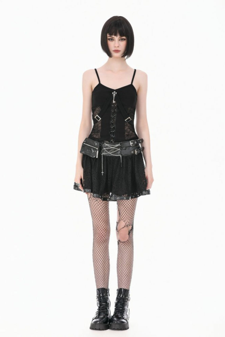 Black Chain-Decorated Eyelet Buckled Straps Lace Women's Gothic Mini Skirt - Product - 7