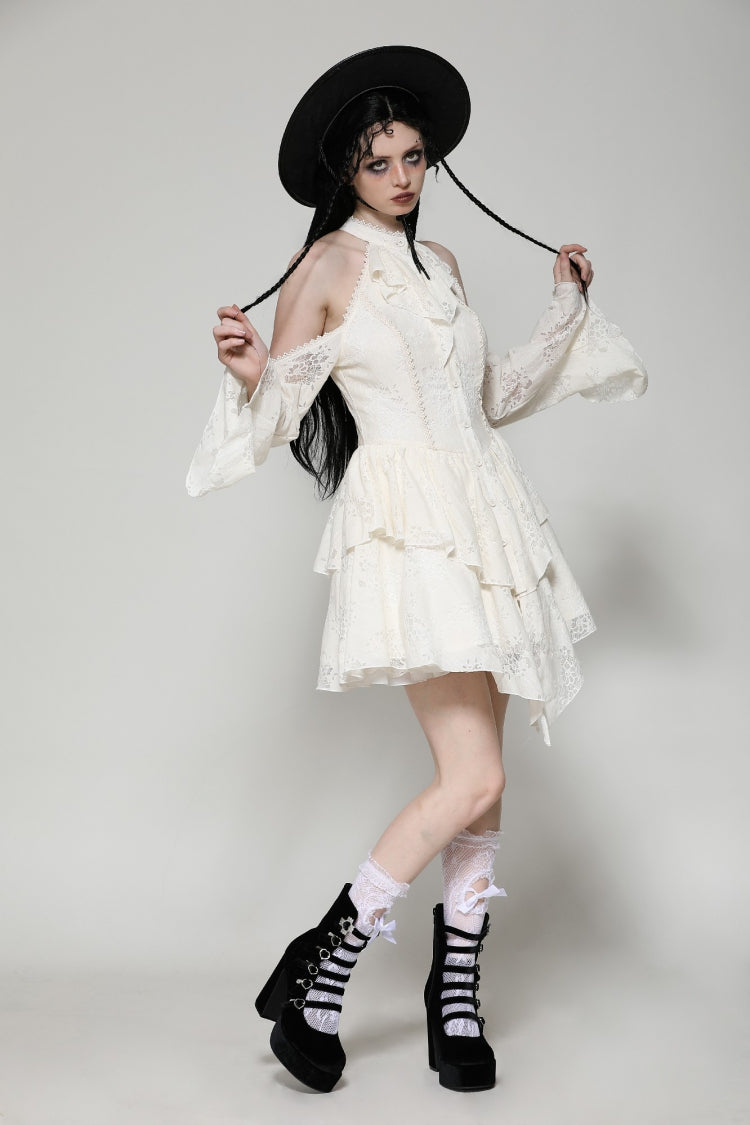 Beige Halter Off Shoulder Lapel Collar Long Flare Sleeves Lace-Up Women's Steampunk Dress - Product - 9