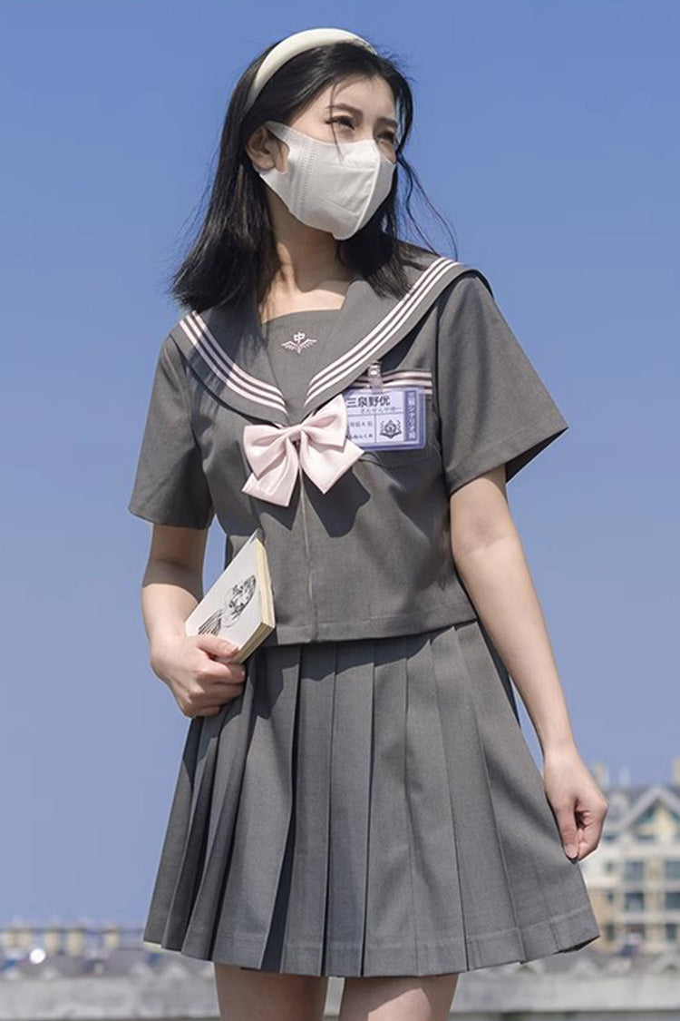 Grey Sweet College Style Navy Collar Japanese School Pleated Skirt - Product - 5