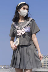 Grey Sweet College Style Navy Collar Japanese School Pleated Skirt - Product - 5