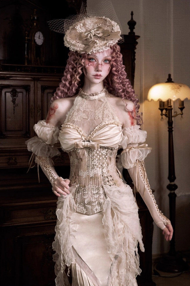 Golden [Cupid’s Poetry Box] Halterneck Ruffled Embroidered Bow Lace Slim Fishbone Gothic Lolita Top and Skirt Dress Set - Product - 7