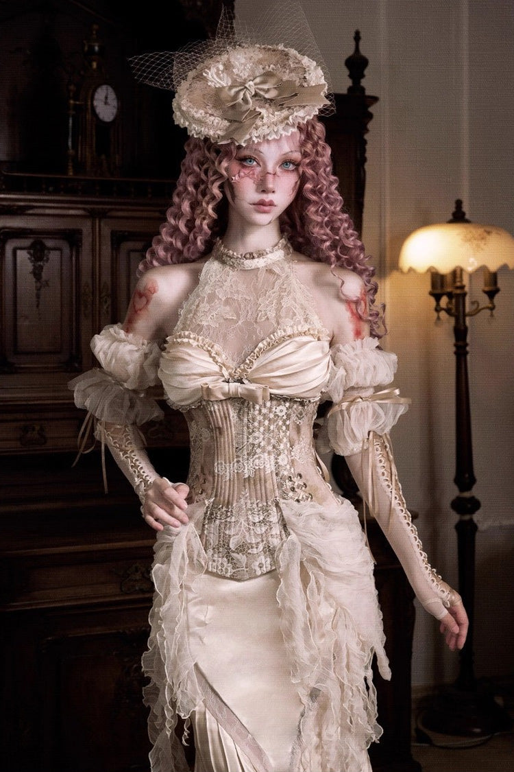 Golden [Cupid’s Poetry Box] Halterneck Ruffled Embroidered Bow Lace Slim Fishbone Gothic Lolita Top and Skirt Dress Set - Product - 7
