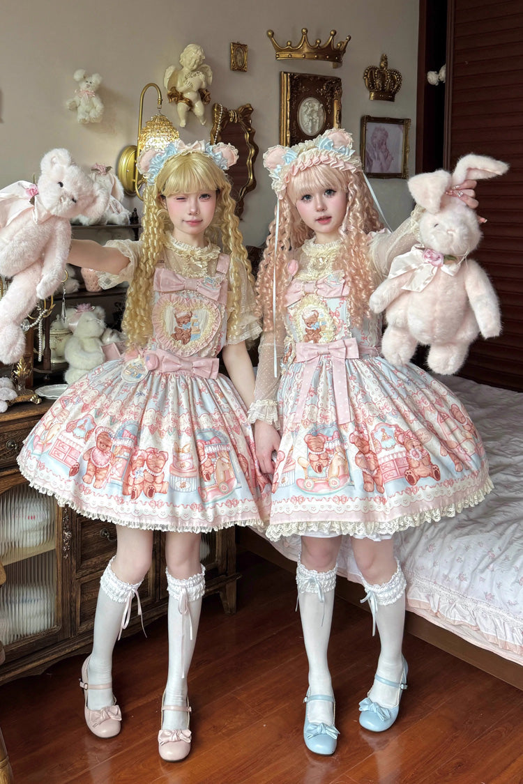 [Bear Anniversary Celebration] Sleeveless Printed Ruffled Bow Sweet Lolita Jsk Dress 2 Colors - Product - 2