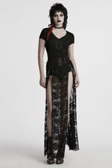 Black Short Sleeves Jacquard Floral Embroidery Women's Gothic Blouse - Product - 4