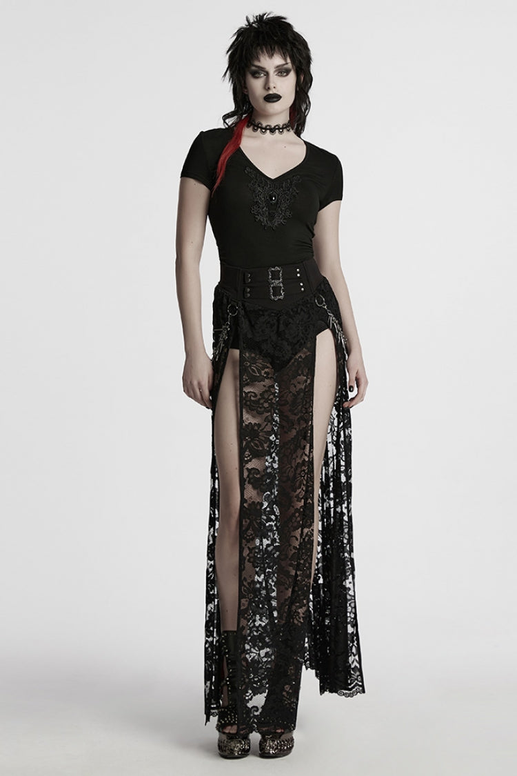 Black Short Sleeves Jacquard Floral Embroidery Women's Gothic Blouse - Product - 4