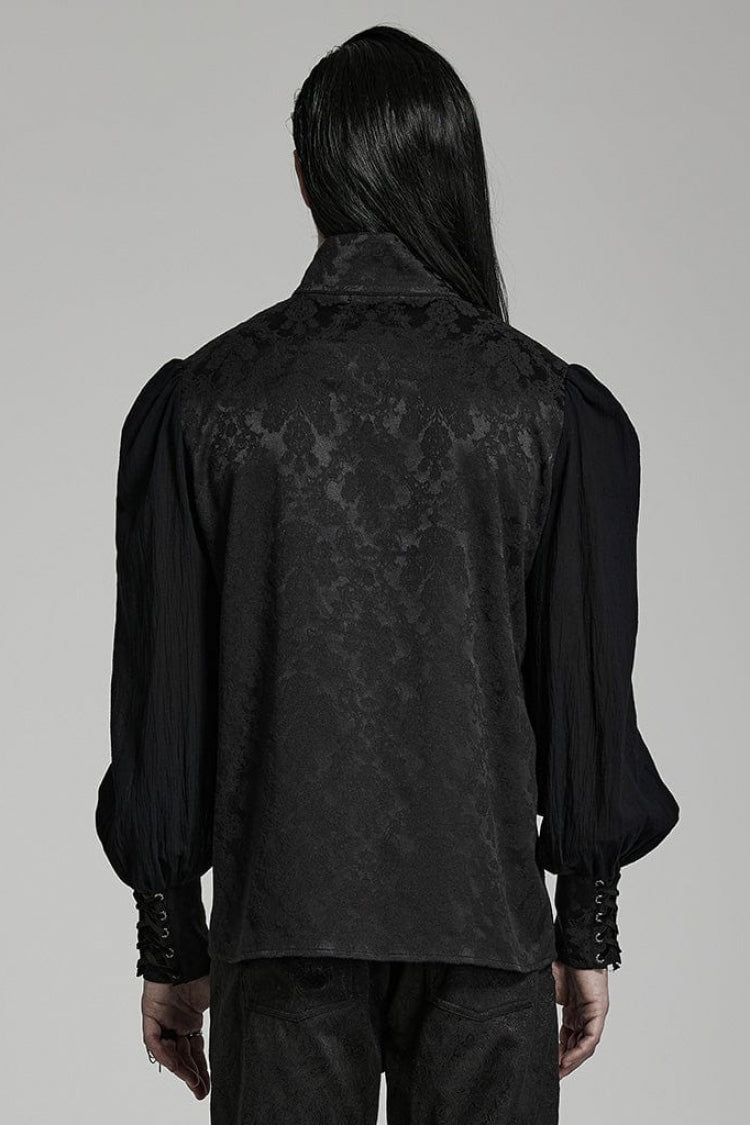 Black Stand Collar Long Puff Sleeves Jacquard Print Lace Mens Gothic Blouse - Product - 3