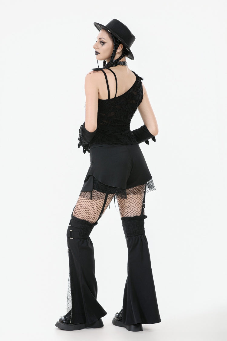 Black Sleeveless Ripped Eyelet Lace-Up Asymmetric Hem Women's Punk Top - Product - 10