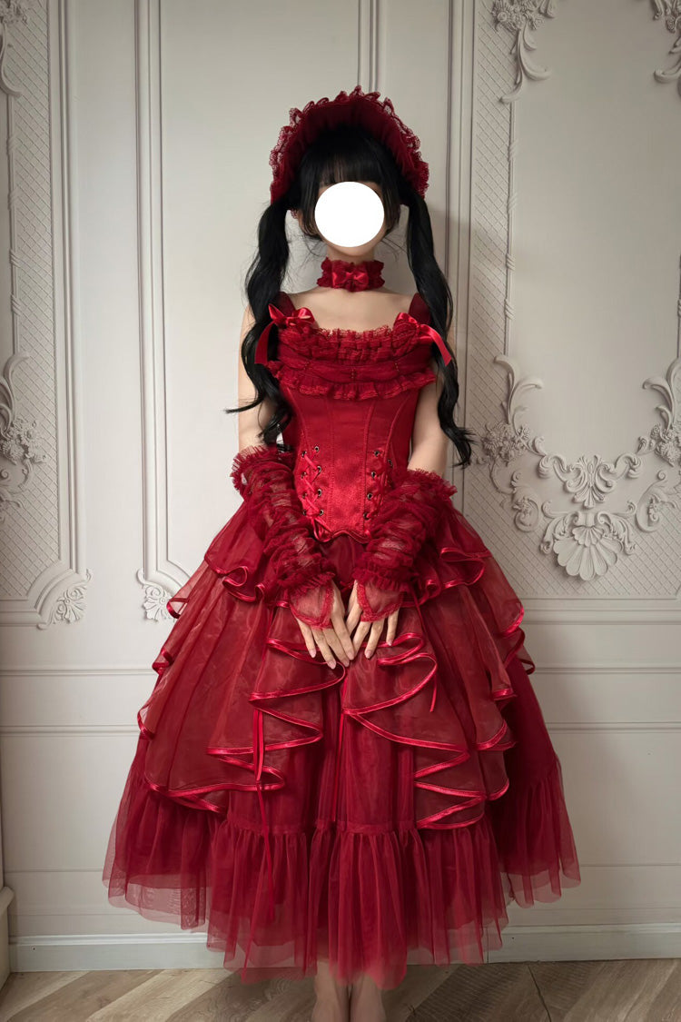Red [The Summer Waves Sparkle] Square Collar Sleeveless Multi-Layered Ruffled Bow Lace-Up Slim Classic Lolita Skirt Set - Product - 6