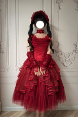 Red [The Summer Waves Sparkle] Square Collar Sleeveless Multi-Layered Ruffled Bow Lace-Up Slim Classic Lolita Skirt Set - Product - 6