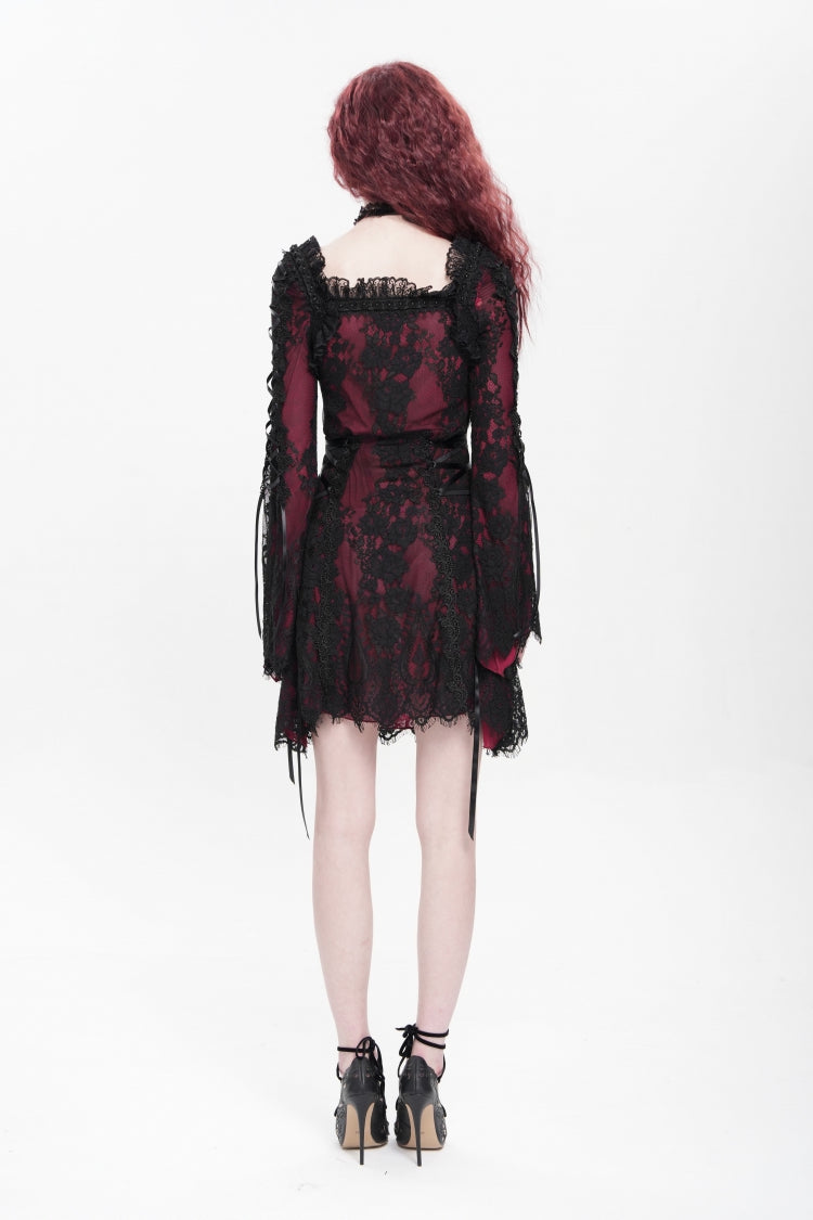 Red Square Collar Long Sleeves Floral Embroidery Lace Lace-Up Women's Gothic Dress - Product - 12