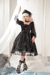 Black High Waisted Planet Butterfly Print Ruffle Lace Gothic Lolita Dress - Product - 2