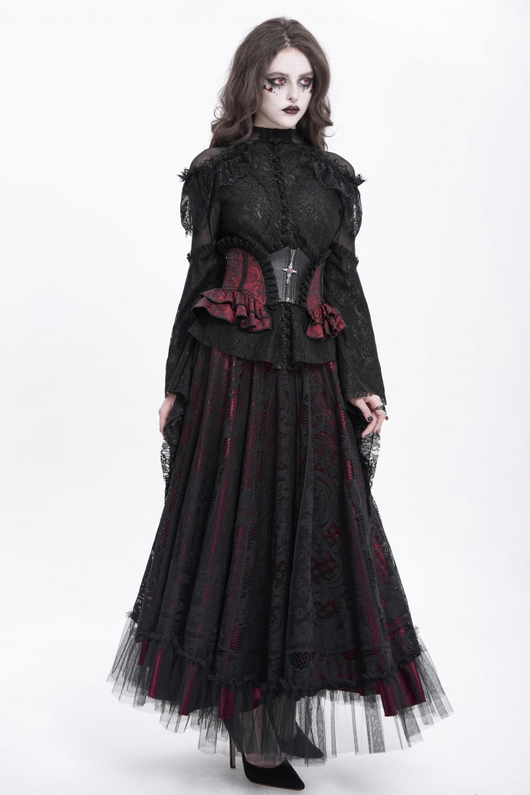 Black/Red Printed Spliced Lace Lace-Up Slim Zippered Women's Gothic Palace Corset - Product - 4
