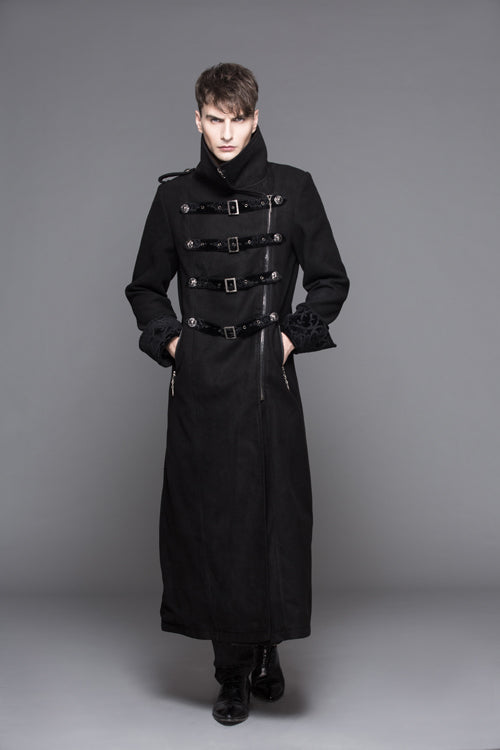 Black Detachable One Sided Shawl Double Sided Woollen Thick Mens Punk Long Coat - Product - 5