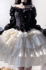 Black Top and Apricot Bowknot Sweet Princess Lolita Layered Skirt Dress - Product - 4