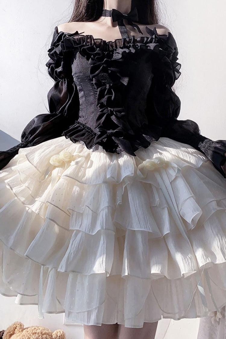 Black Top and Apricot Bowknot Sweet Princess Lolita Layered Skirt Dress - Product - 4