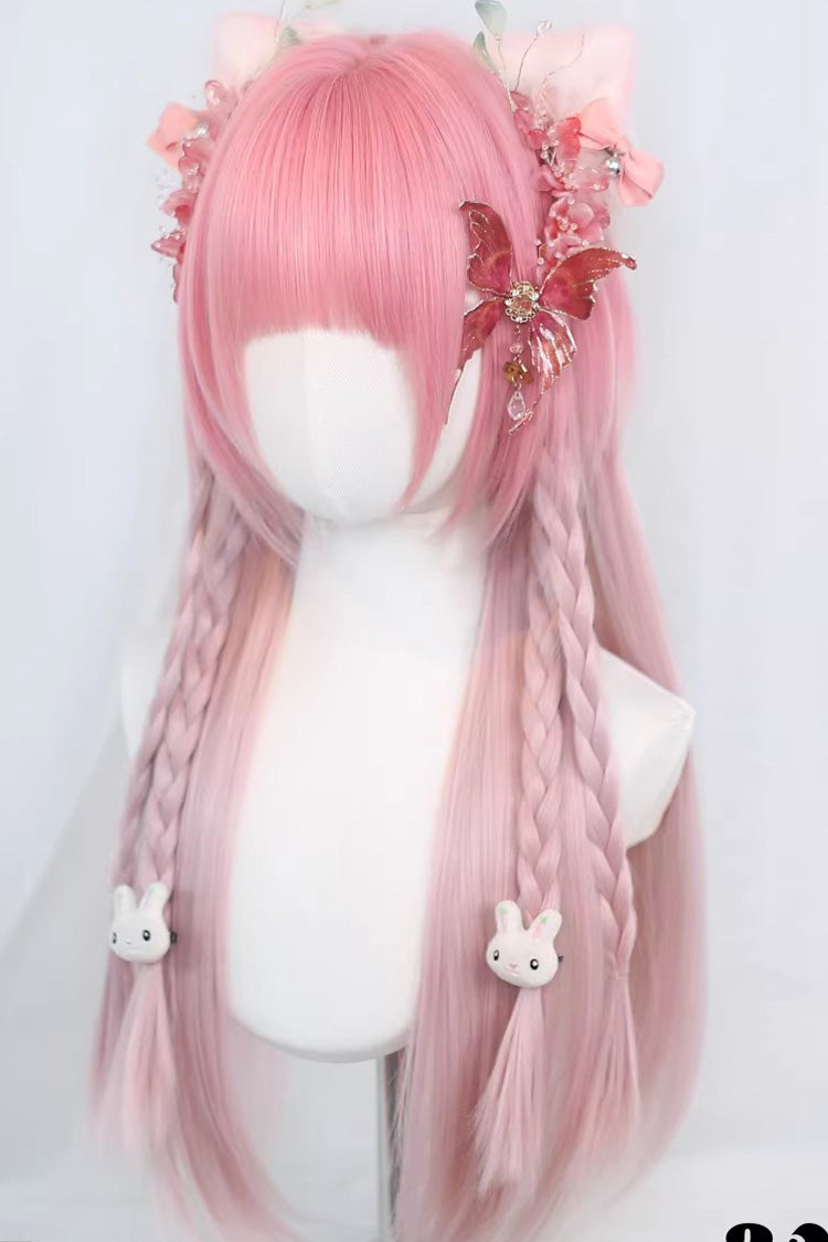 Pink Ombre Blunt Bangs Long Straight Hair Sweet Lolita Wig - Product - 2