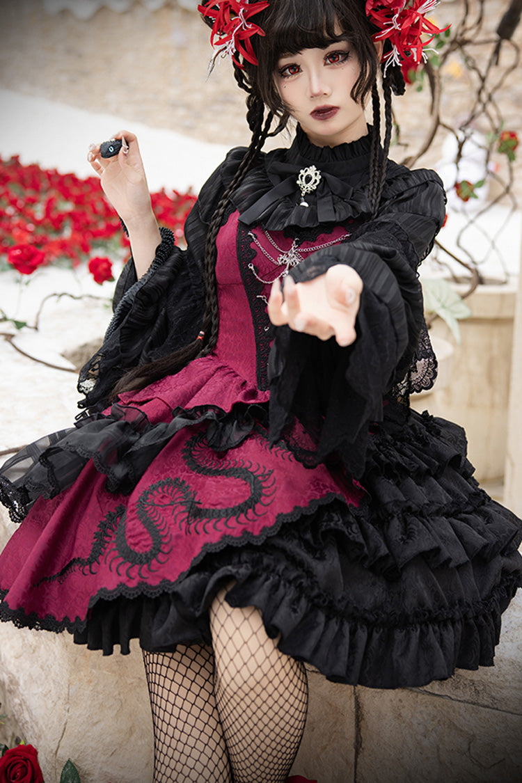 Black/Red Multi-Layered Ruffle Bowknot Lace Asymmetric Gothic Lolita Jsk Dress - Product - 5