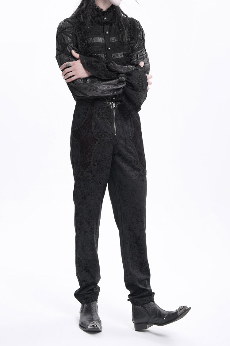 Black Floral Branded Print Embroidery Zipper Men's Gothic Pants - Product - 4