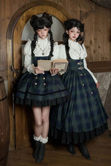 Blue/Green [Berlin's letter] Double-Layered Plaid Print Ruffle Bowknot Classic College Style Lolita Strap Dress Set 2 Versions - Product - 3
