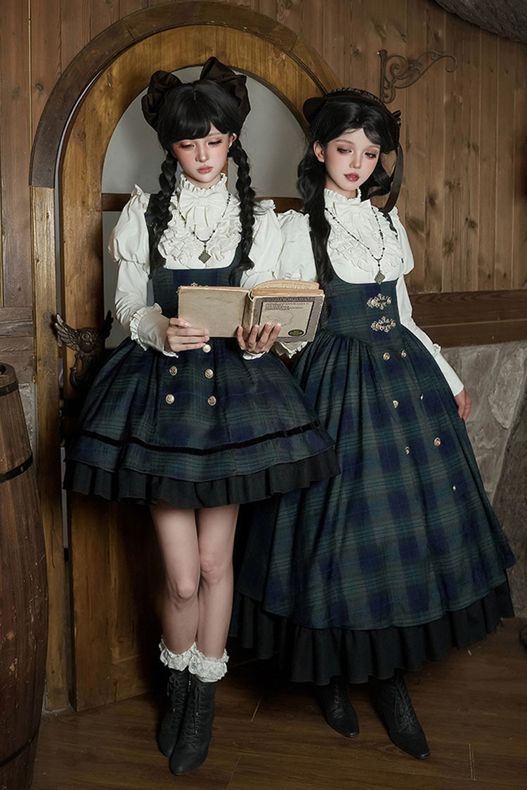Blue/Green [Berlin's letter] Double-Layered Plaid Print Ruffle Bowknot Classic College Style Lolita Strap Dress Set 2 Versions - Product - 3