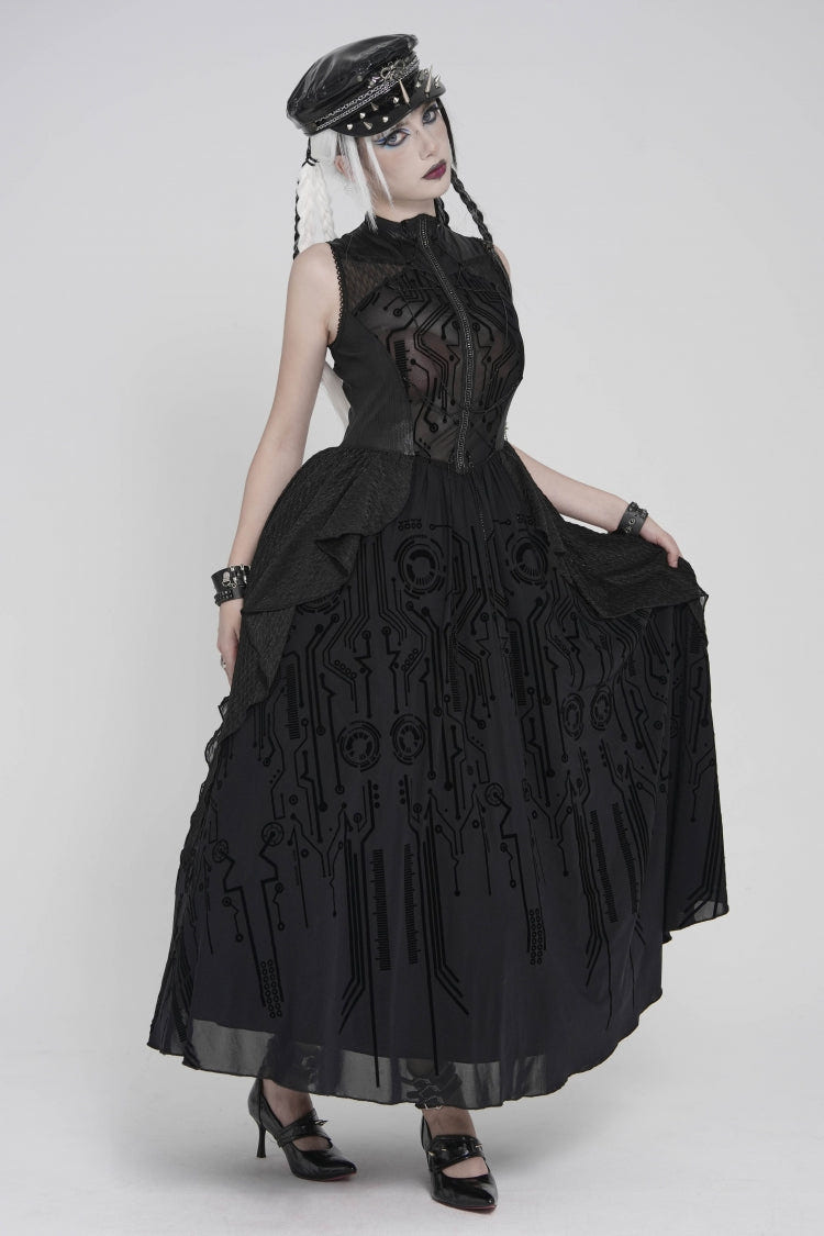 Black Stand Collar Sleeveless Multi-Layered Printed Hanayome Sheer Women's Punk Elegant Gorgeous Dress - Product - 12