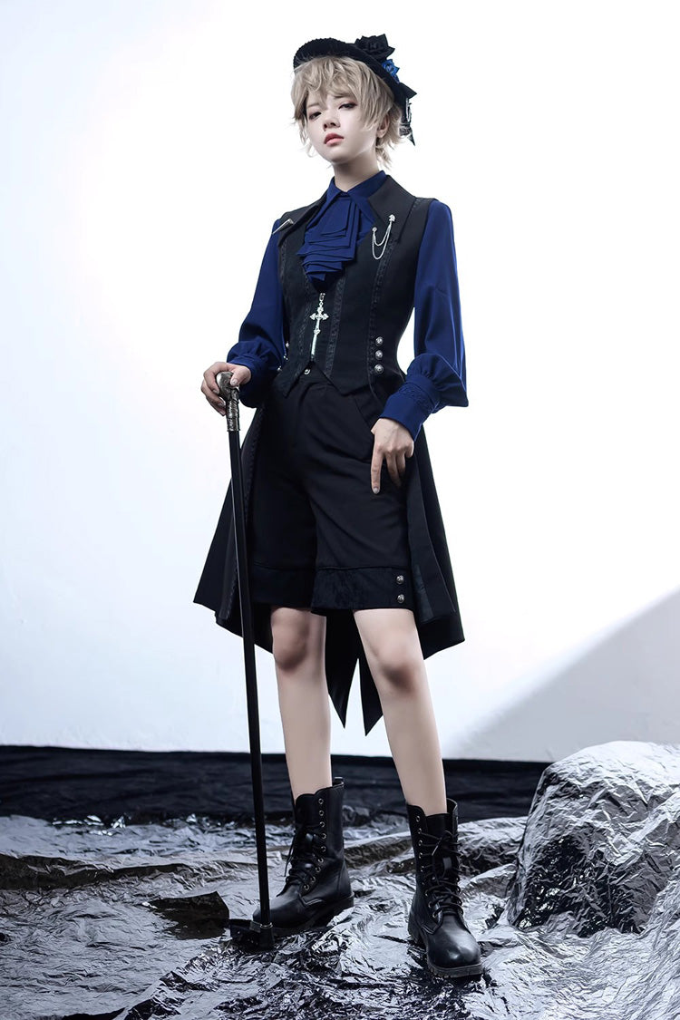 Black/Blue Vintage Medieval Little Prince Ouji Lolita Swallowtail Long Vest - Product - 5