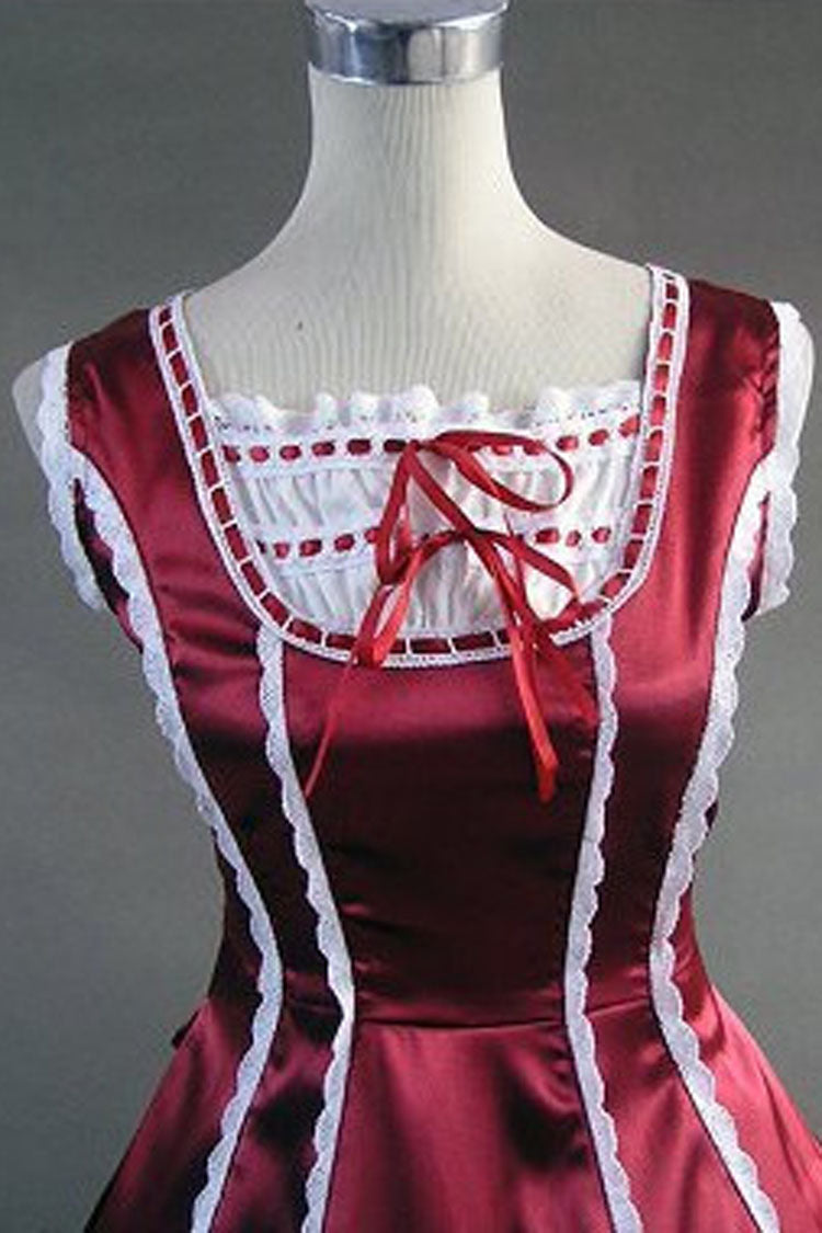 Wine Red Cotton Square Collar Sleeveless Floor Length Multi-Layer Pleats Victorian Gothic Lolita Dress - Product - 3