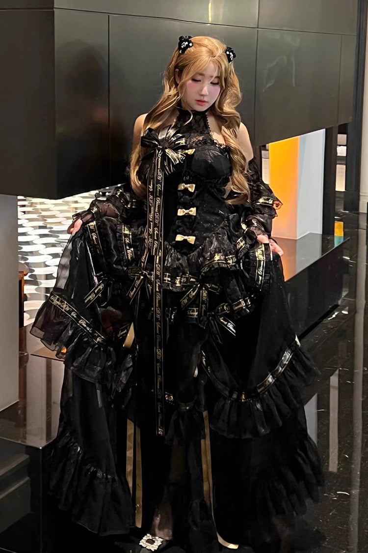 Black [Obsidian Banquet] Double-Layered Ruffled Hanayome Bow Lace Sweet Gothic Princess Lolita Jsk Dress - Product - 9