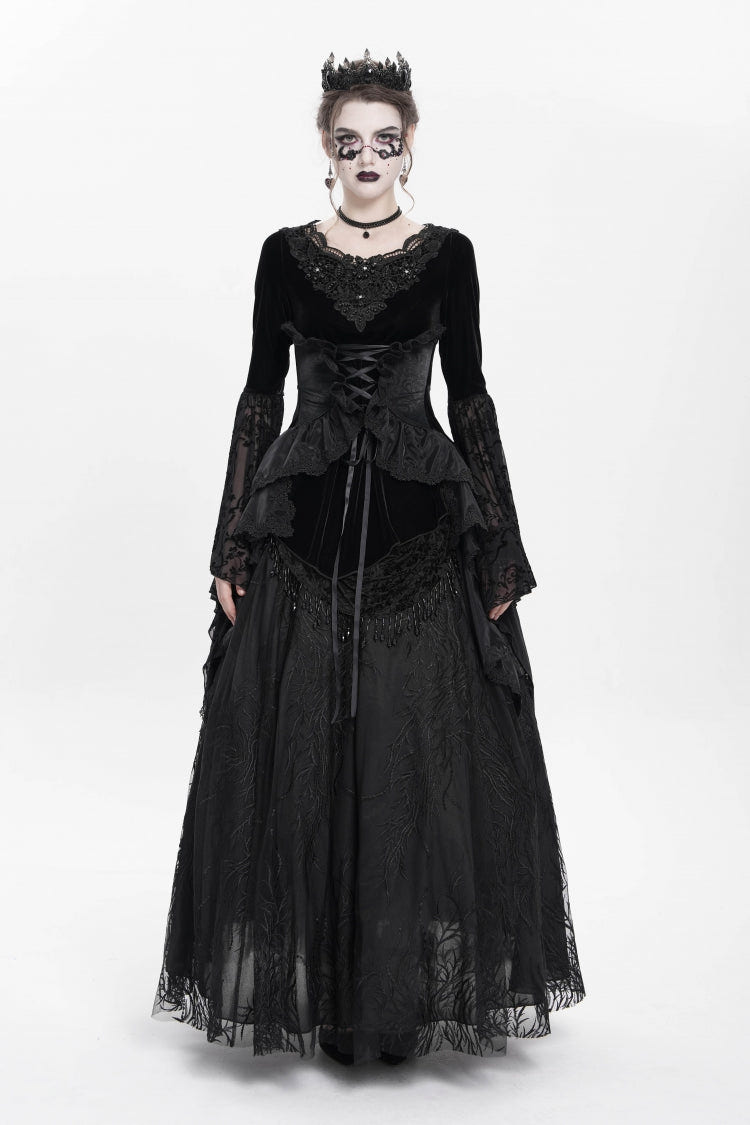 Black Long Sleeves Lace-Up Beaded Pleated Women's Gothic Blouse - Product - 4