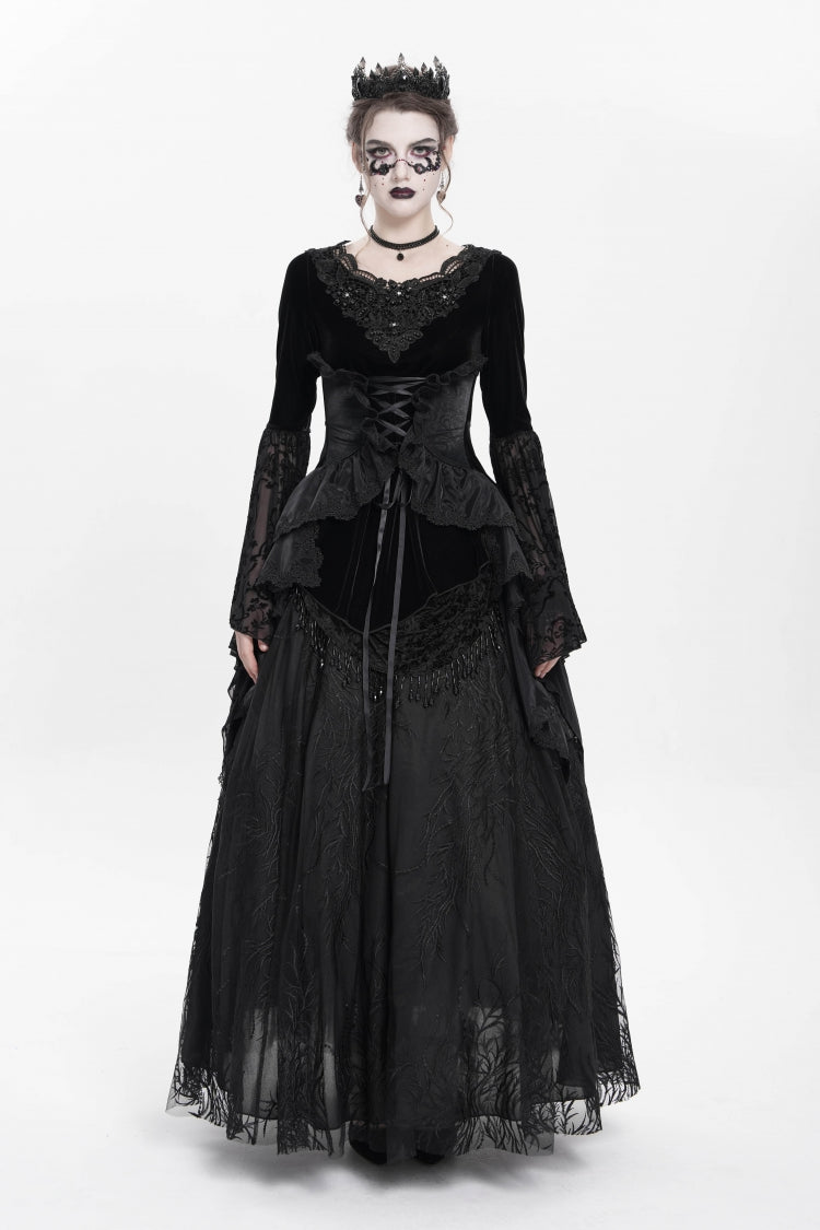 Black Long Sleeves Lace-Up Beaded Pleated Women's Gothic Blouse - Product - 4