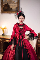 Wine Red Print Medieval Court Rococo Gothic Victorian Lolita Long Dress - Product - 2