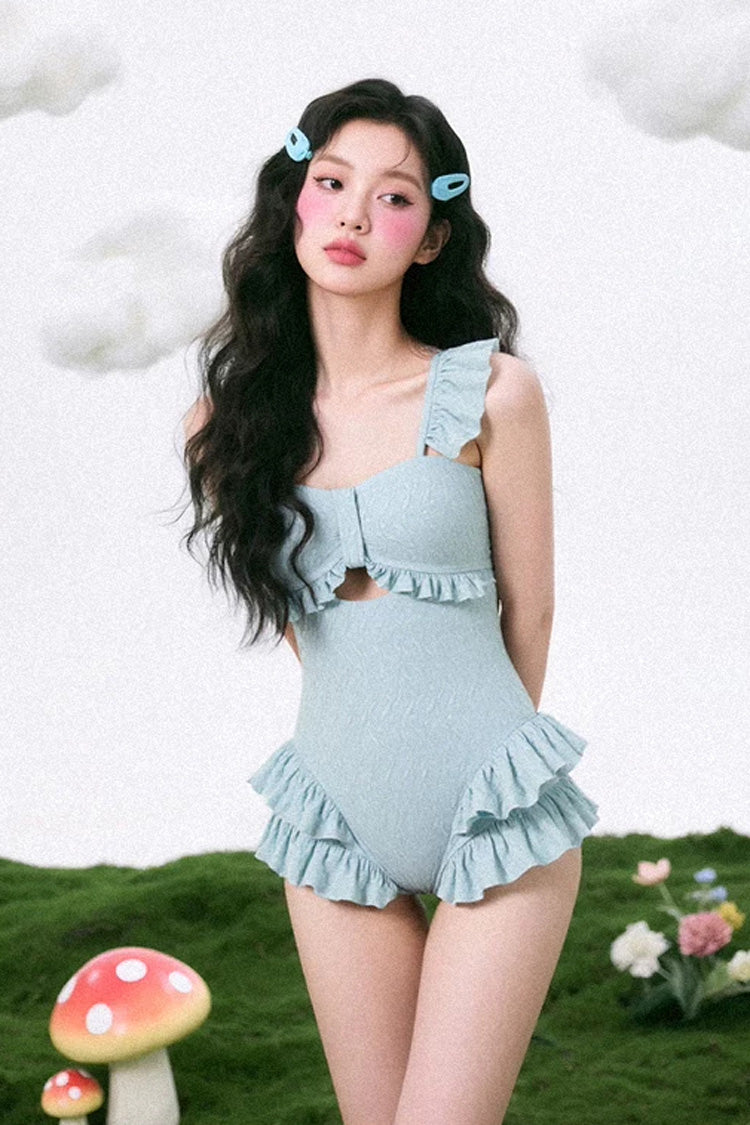 Blue Square Collar Sleeveless Ruffled Sweet Lolita One-Piece Swimsuit - Product - 3