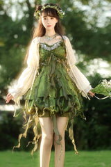Green [Children of the Forest] Leaf Decoration Ruffle Irregular Sweet Lolita Jsk Dress Set - Green - 1